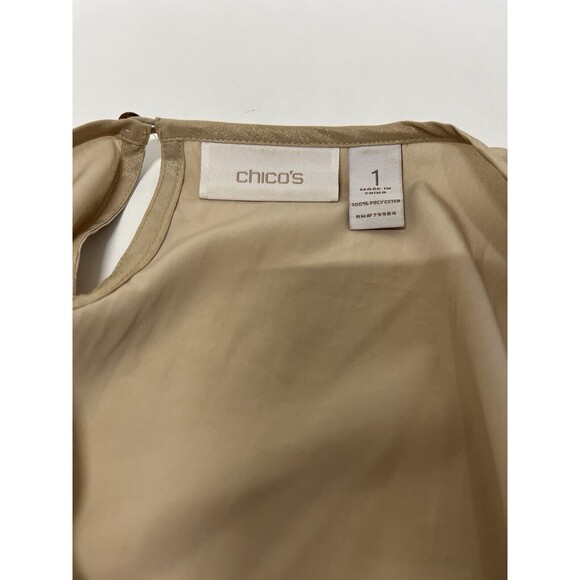 Chicos‎ Gold Shimmer Drita Sand Keyhole Button Back Womens Top SZ 1. Holiday Top - Picture 5 of 8